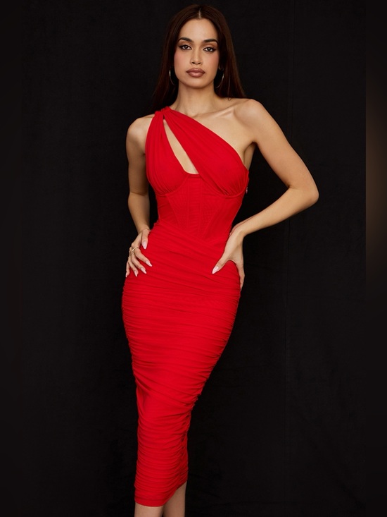 House of CB Dresses & Skirts - House of CB VALENTINA Scarlet Asymmetric Cutout Midi Dress SZ S